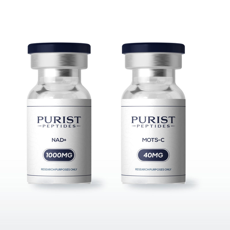Cellular Longevity Stack — complete 4-week research cycle: NAD+ 1000mg + MOTS-C 40mg vials from Purist Peptides