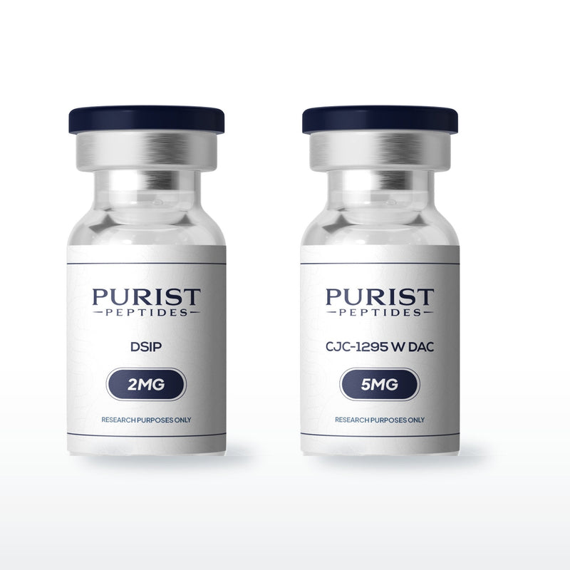 Deep Sleep Stack — complete 8-week research cycle: DSIP 10mg + CJC-1295 w DAC 5mg vials from Purist Peptides