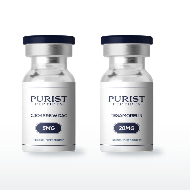 GH Optimisation Stack — complete 8-week research cycle: CJC-1295 w DAC 5mg + Tesamorelin 20mg vials from Purist Peptides