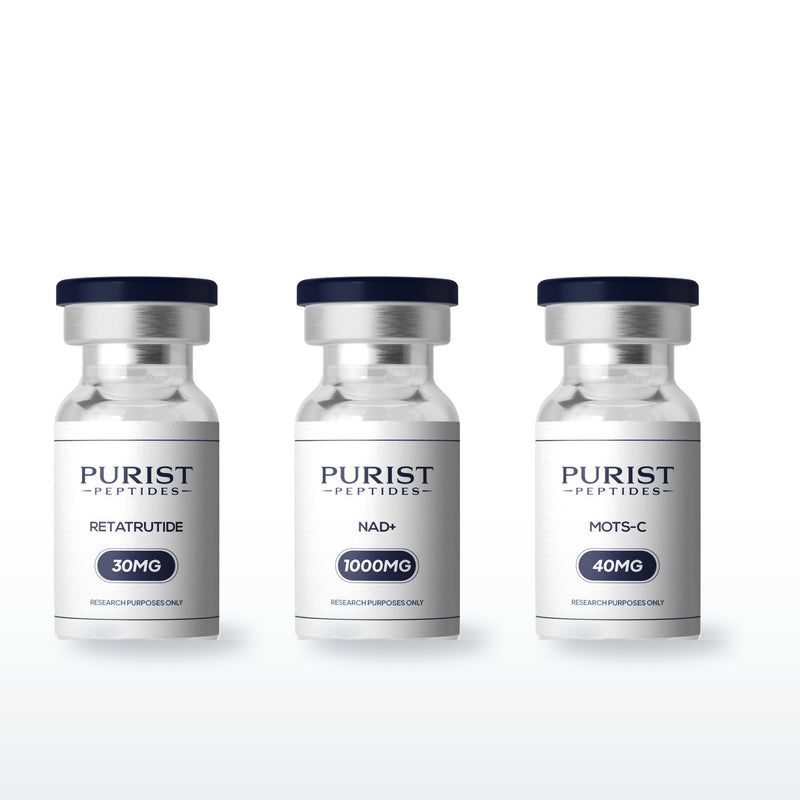 Metabolic Reset Stack — complete 8-week research cycle: Retatrutide 30mg + NAD+ 1000mg + MOTS-C 40mg vials from Purist Peptides