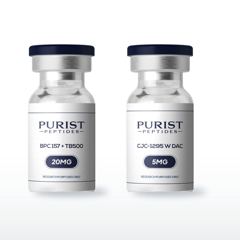 Performance Recovery Stack — complete 8-week research cycle: Wolverine Stack 20mg + CJC-1295 w DAC 5mg vials from Purist Peptides
