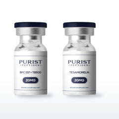 Recovery Stack — complete 8-week research cycle: Wolverine Stack 20mg (BPC-157 10mg + TB-500 10mg) + Tesamorelin 20mg vials from Purist Peptides